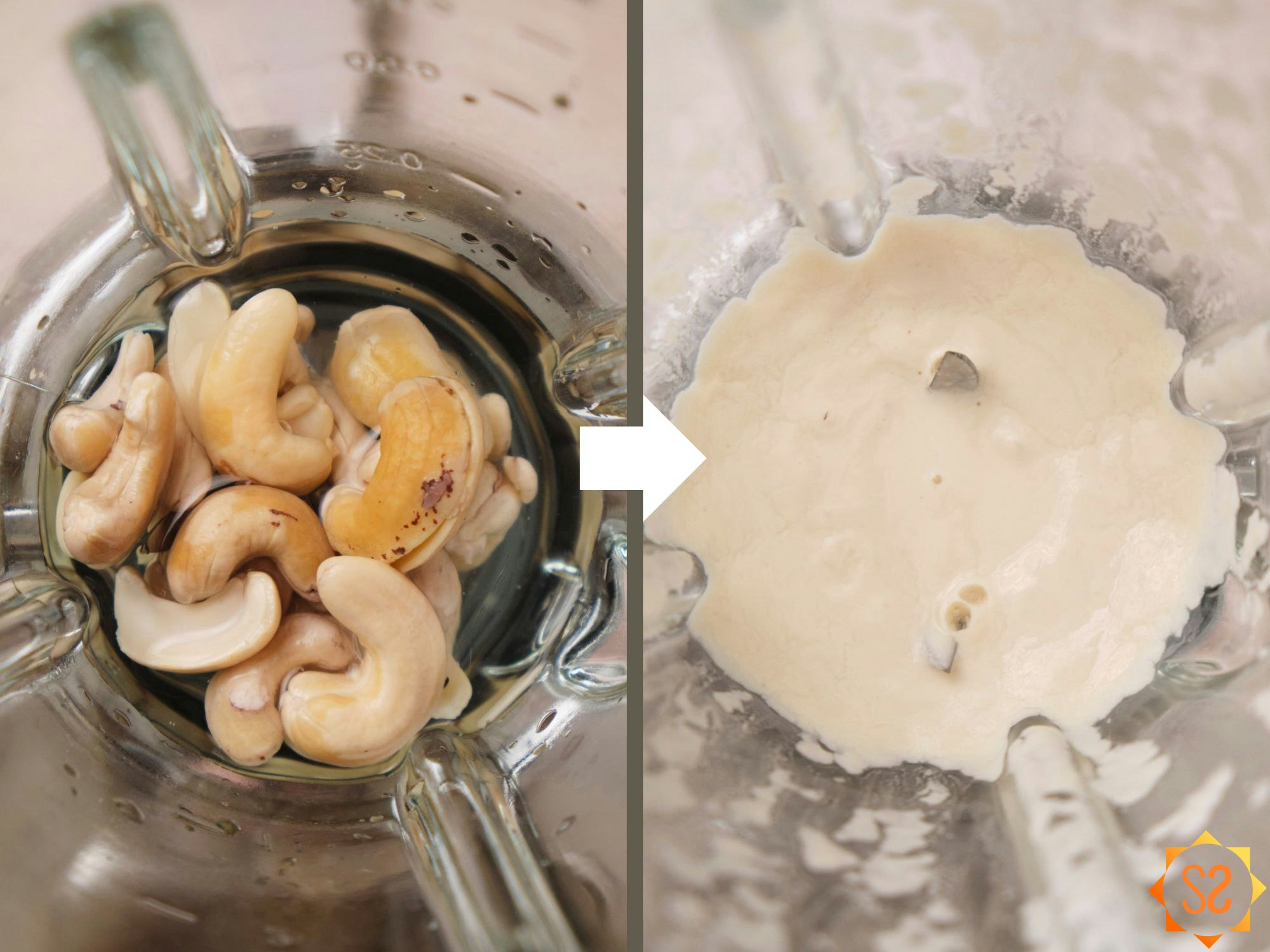 Left: cashews and water in a blender; Right: cashew cream in a blender after cashews and water have been blended.