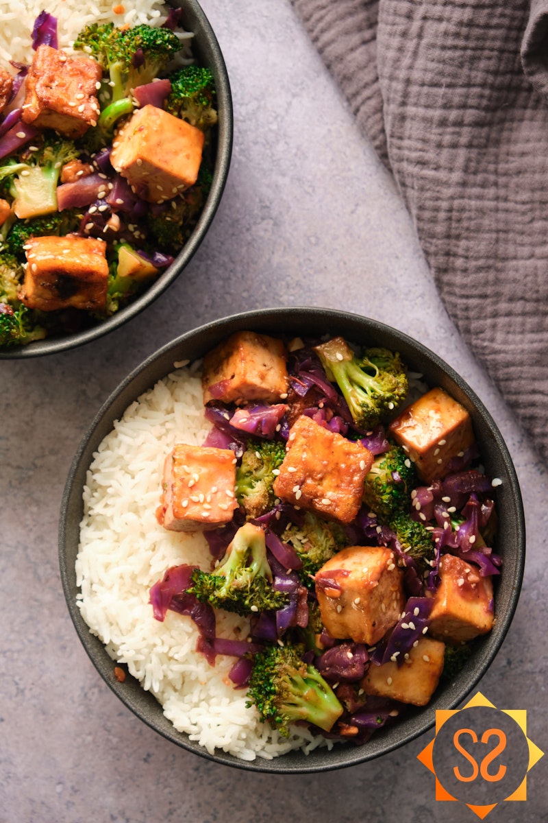 Vegan Tofu Stir-Fry in bowls with rice