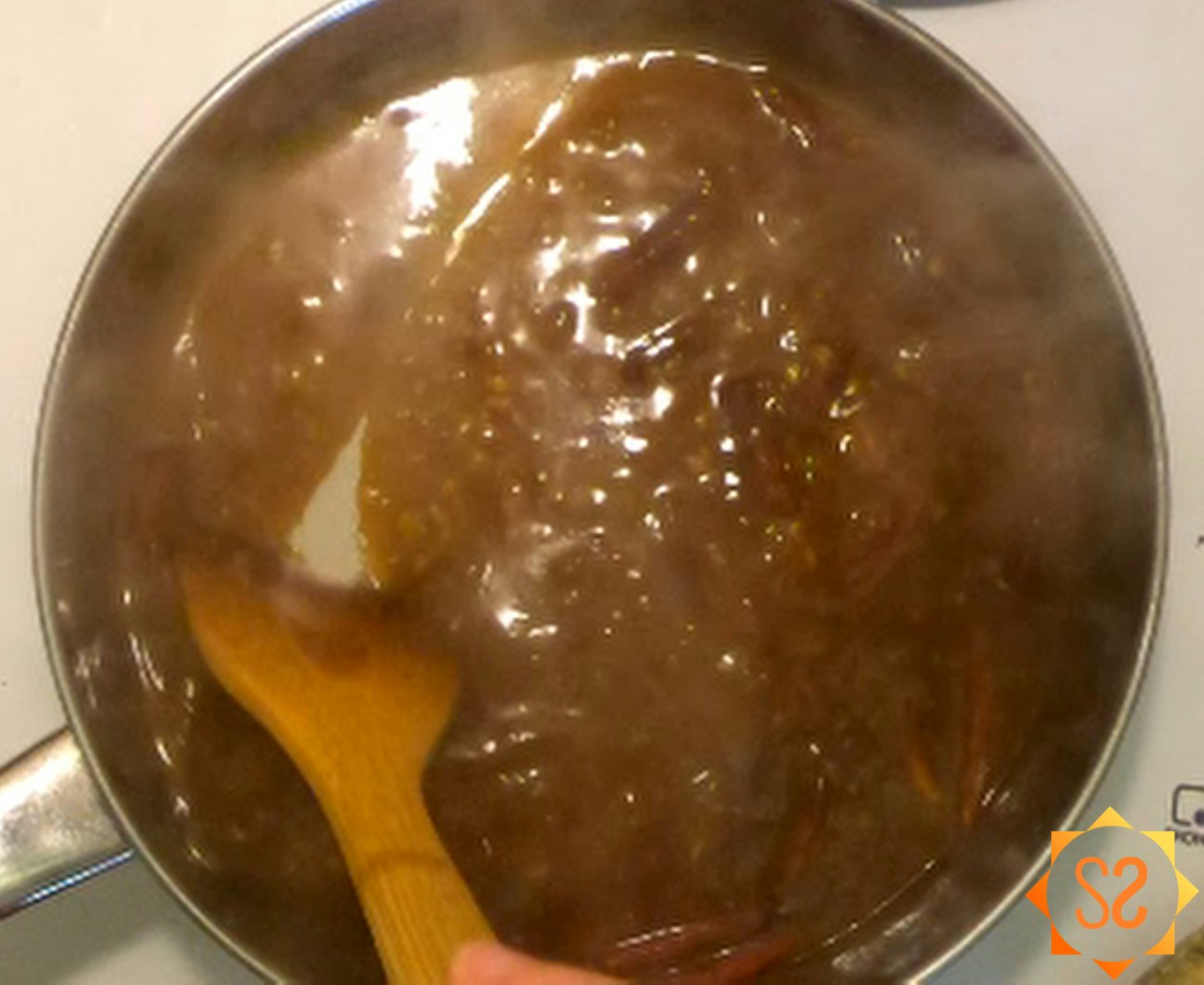 General Tso's sauce in a pan after it has thickened