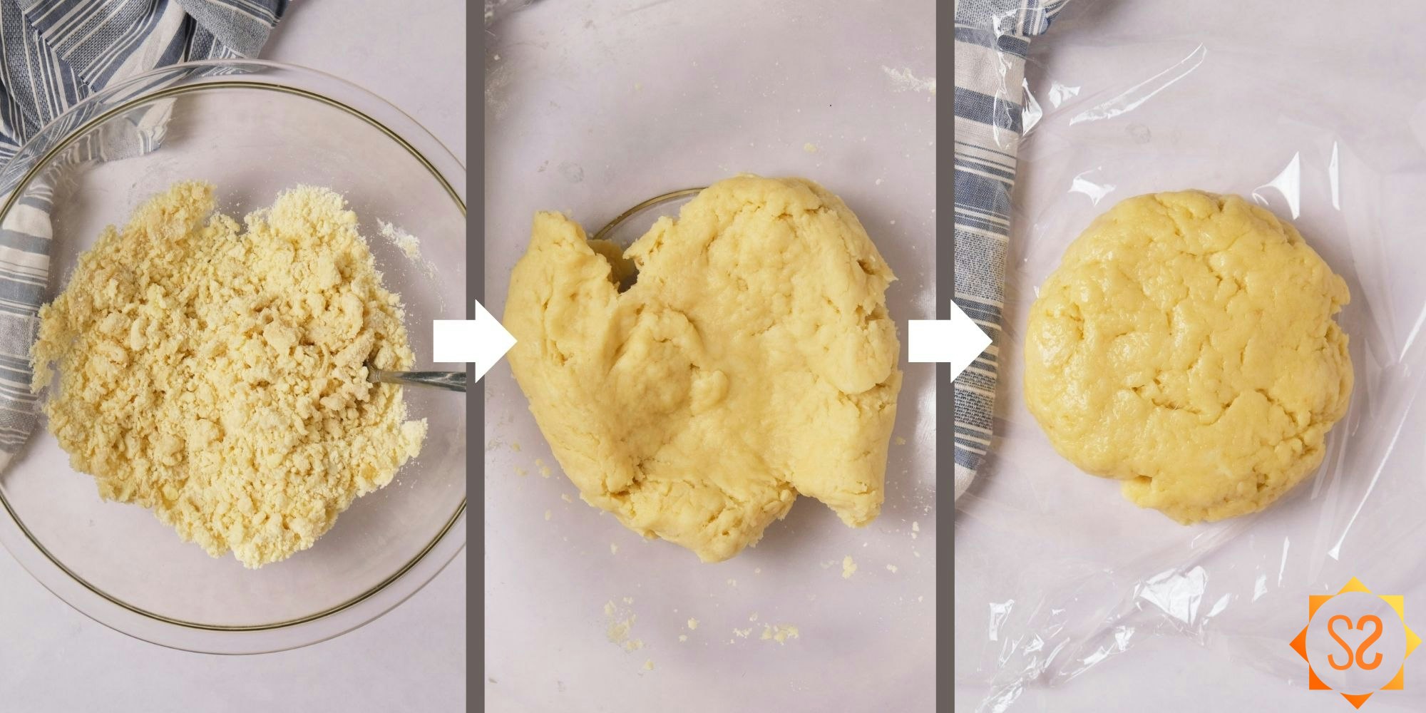 Three images, first image: all ingredients mixed together in a bowl, second image: all ingredients forming a dough ball, third image: dough flattened into a disc and placed on plastic wrap.