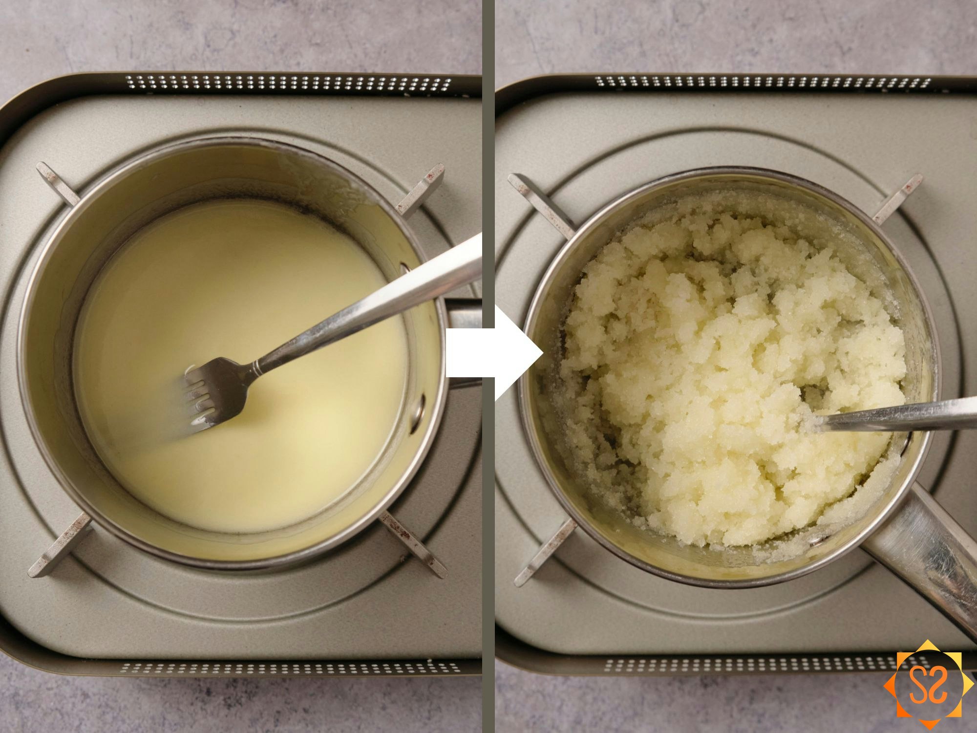 Left: melting vegan butter in a pan; right: mixing in the sugar with vegan butter.
