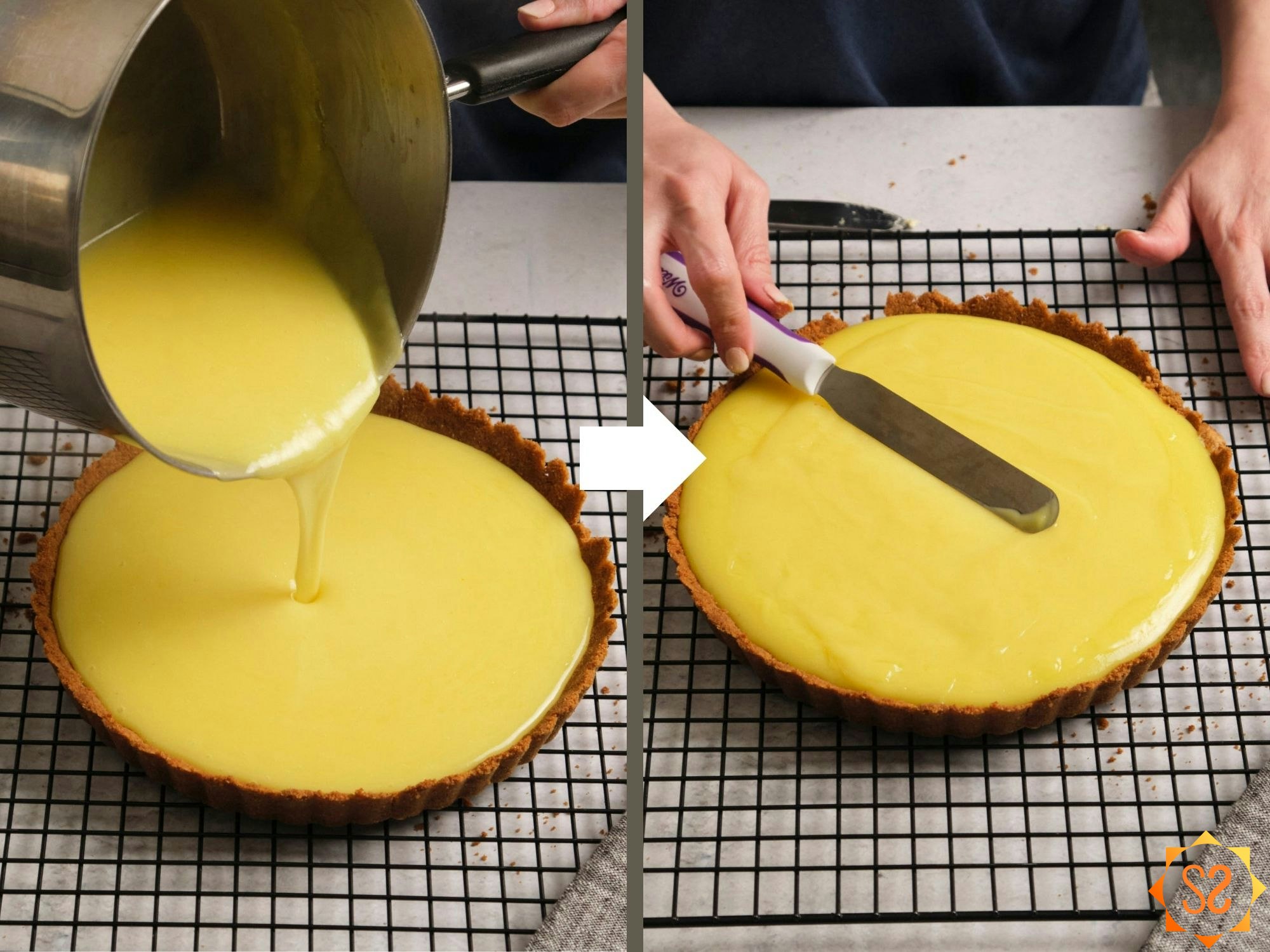 Two images showing the Key lime filling being poured into the graham cracker crust, and smoothing the top of the filling with a cake spatula.