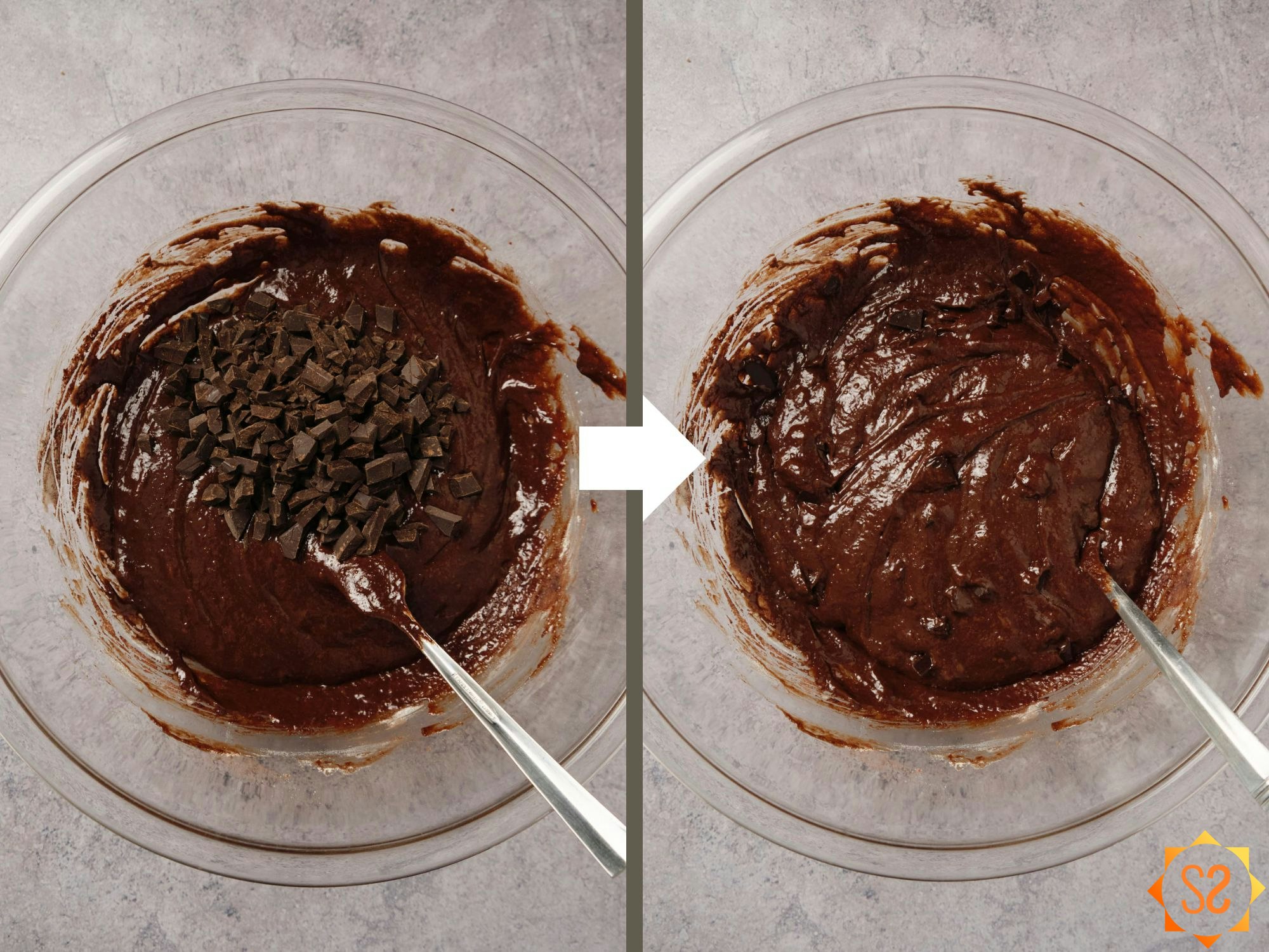 Chocolate chunks being added to brownie batter (left: before mixing; right: after mixing).