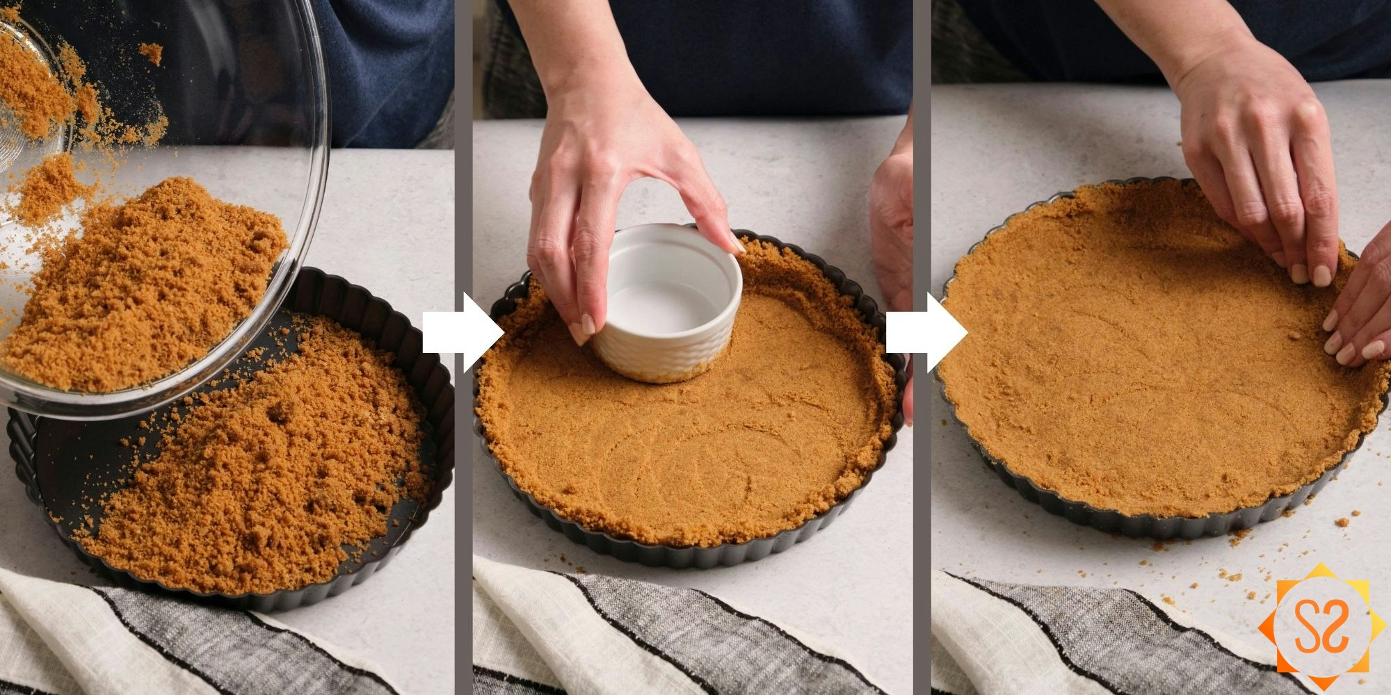 Three images showing: pouring the graham cracker mix into a tart pan; using a flat bottom to pack the crust; using fingers to press the edges of the crust to the sides of the pan.
