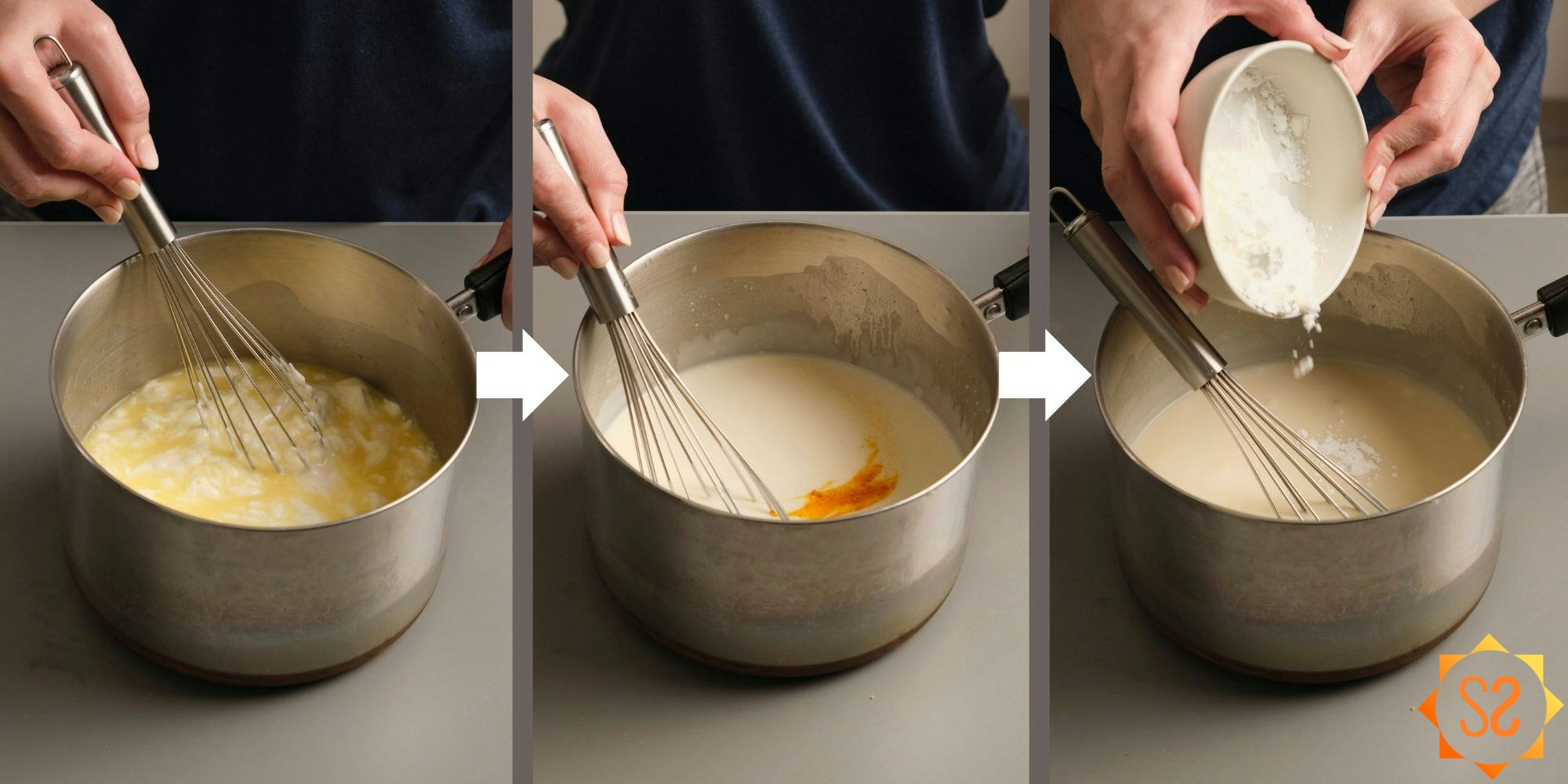 Three images showing mixing the ingredients of the Key lime filling in a saucepan.
