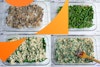 Four images showing steps of assembling green bean casserole