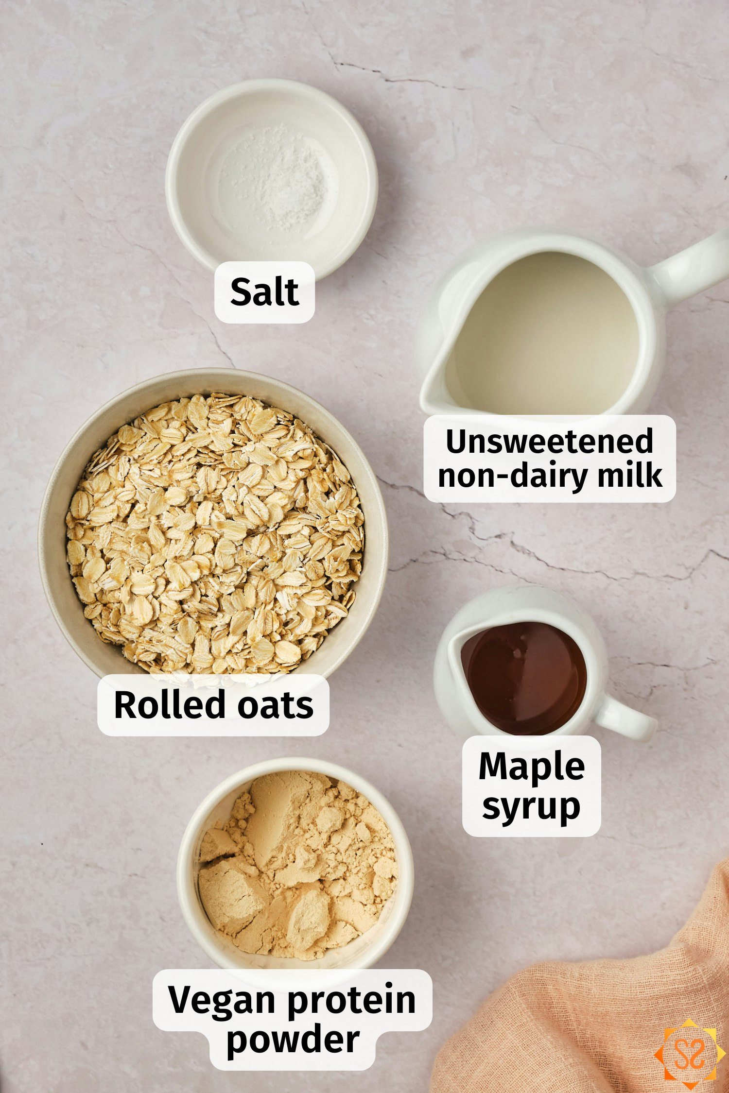 The ingredients for high protein oatmeal, labeled.
