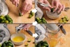 Four images showing the steps involved in juicing a Key lime: cutting, squeezing with a garlic press, and straining.