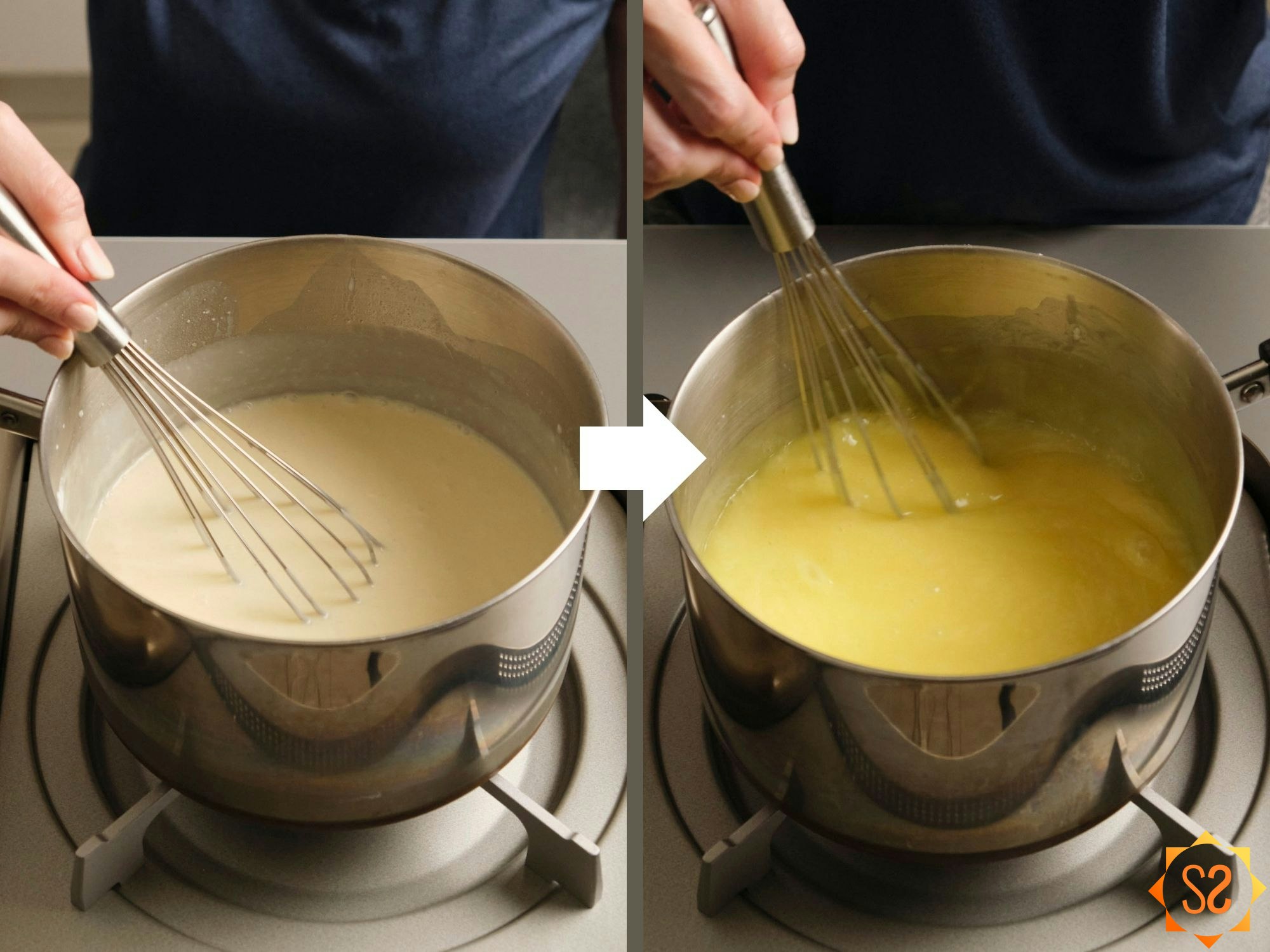 Two images showing the Key lime filling before and after heating.