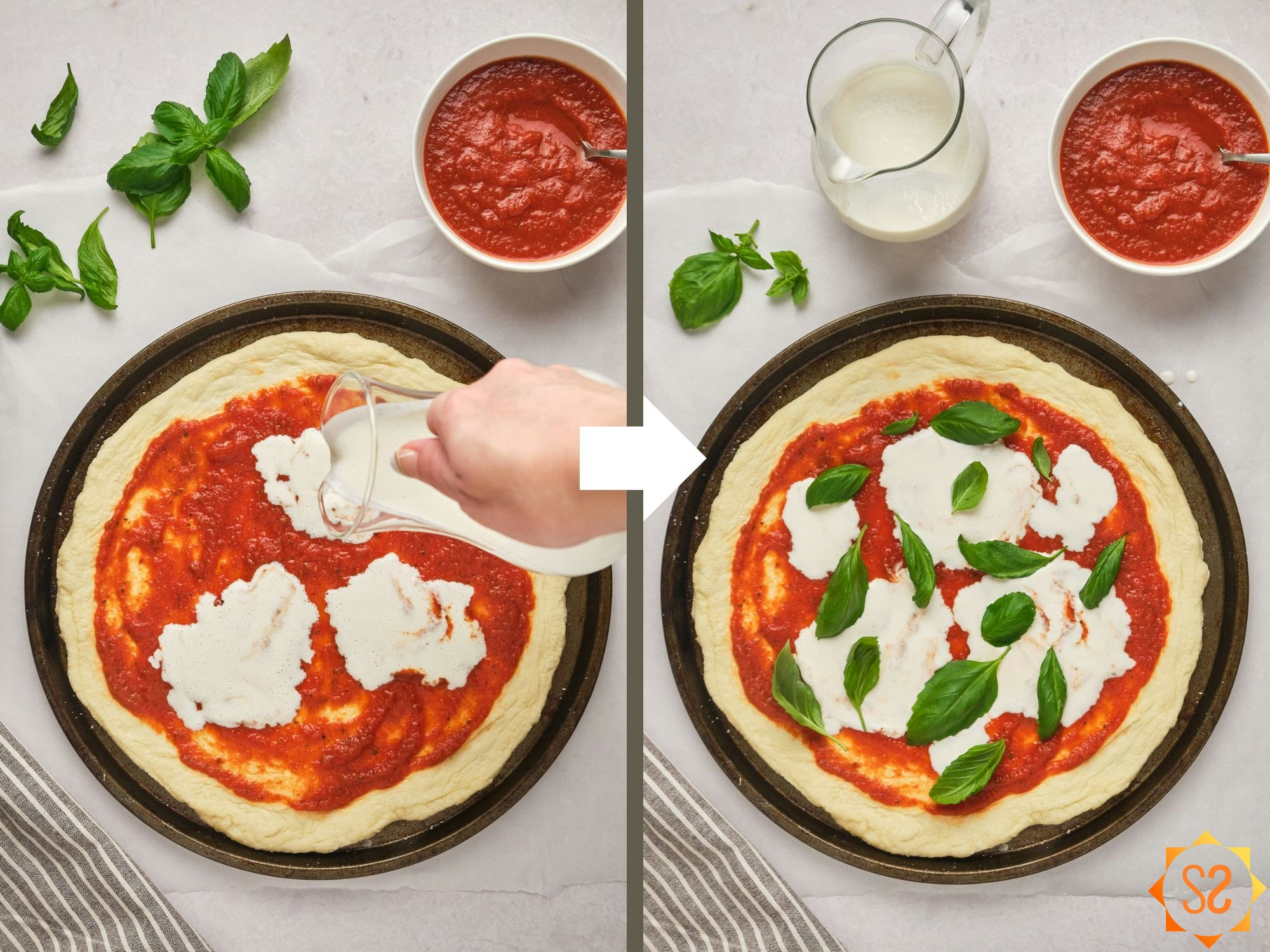 Left: a hand pouring vegan liquid mozzarella over an unbaked pizza; Right: the same pizza topped with basil leaves.