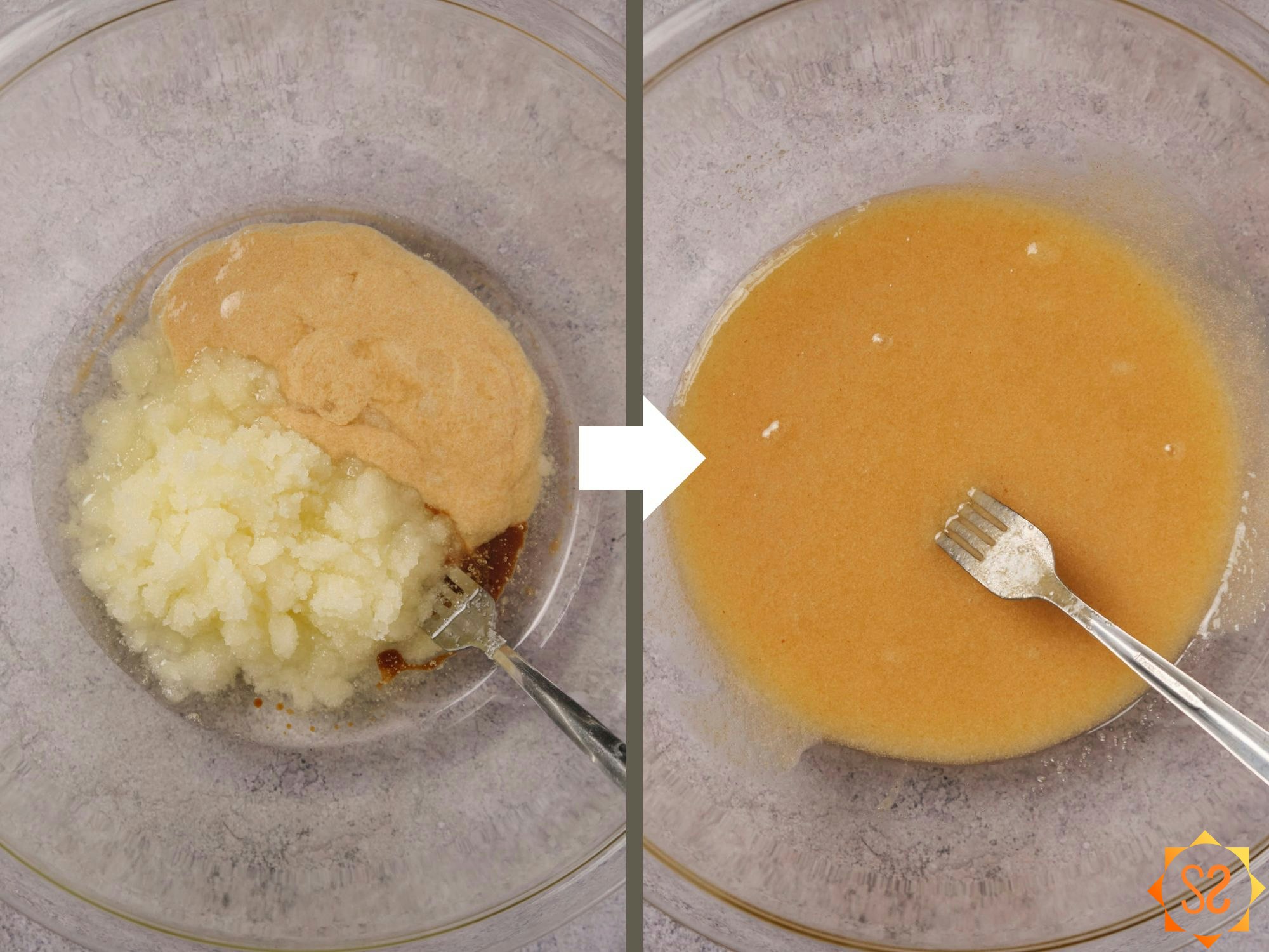 Left: wet ingredients added to a bowl before mixing; right: wet ingredients after mixing.
