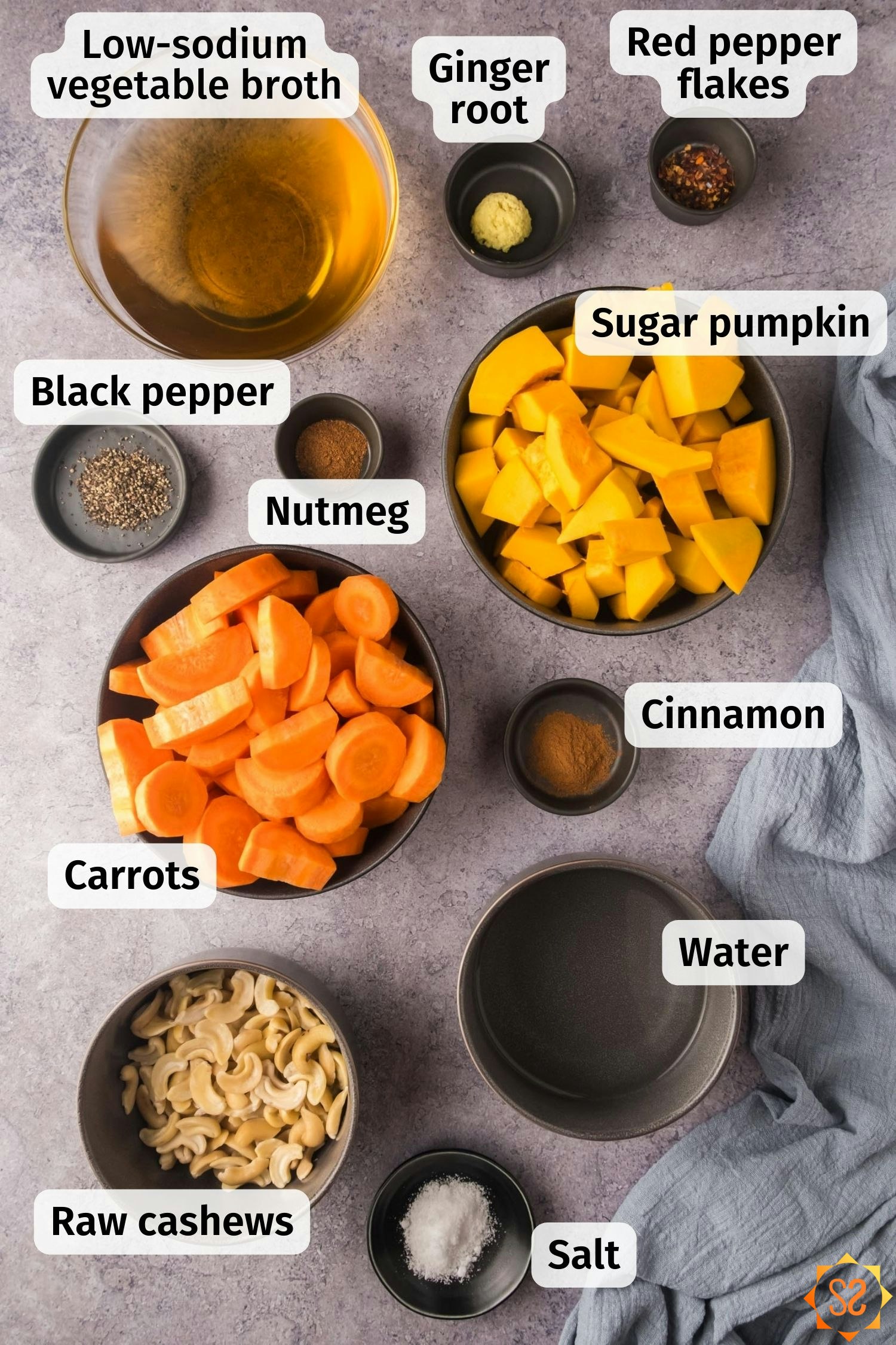 A top-down view of the ingredients needed for carrot pumpkin soup, labeled.
