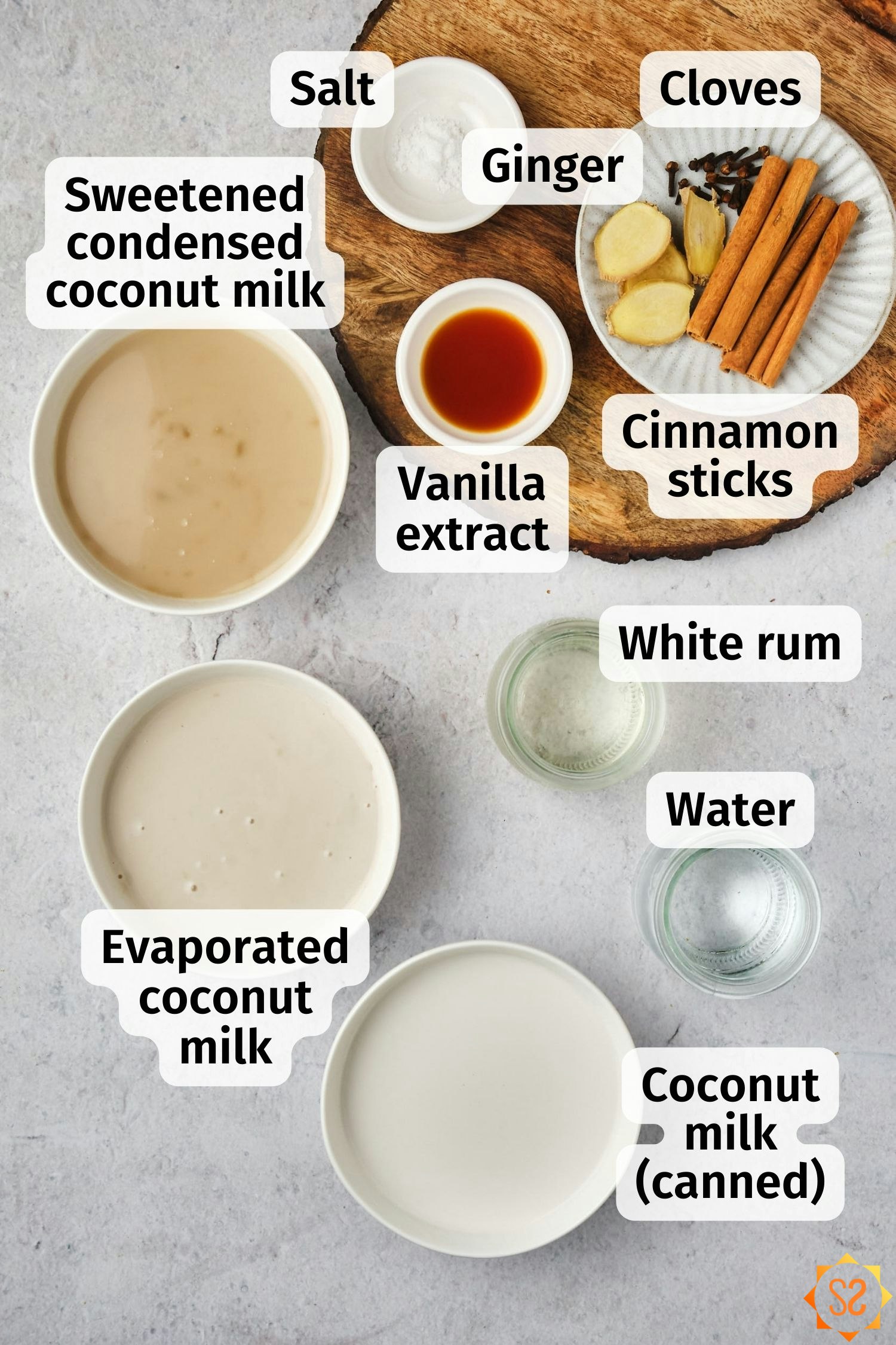 The ingredients for vegan coquito with labels.