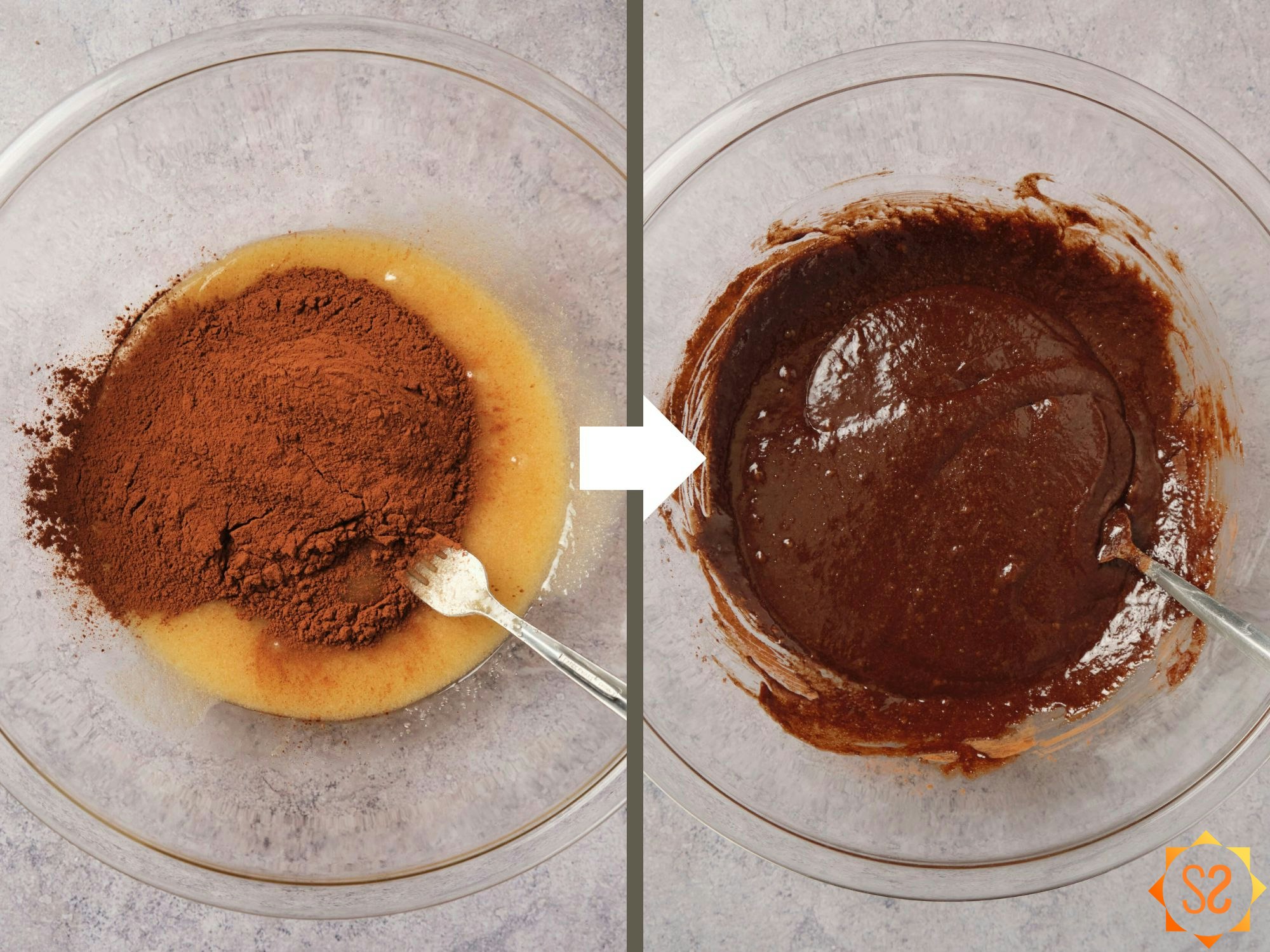 Adding cocoa powder to the wet ingredients, before (left) and after (right) mixing.