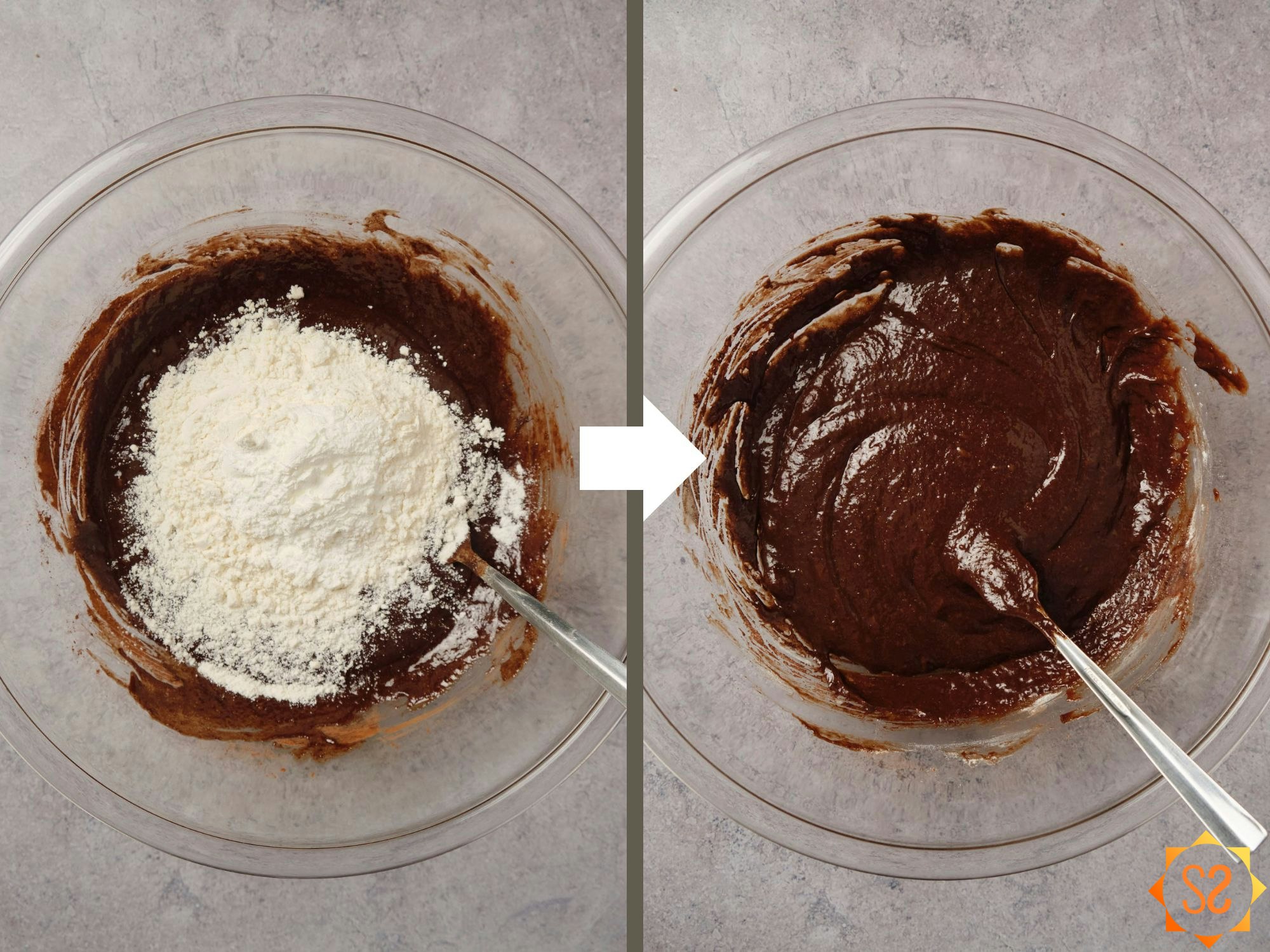 Adding dry ingredients to the batter (left: before mixing, right: after mixing).