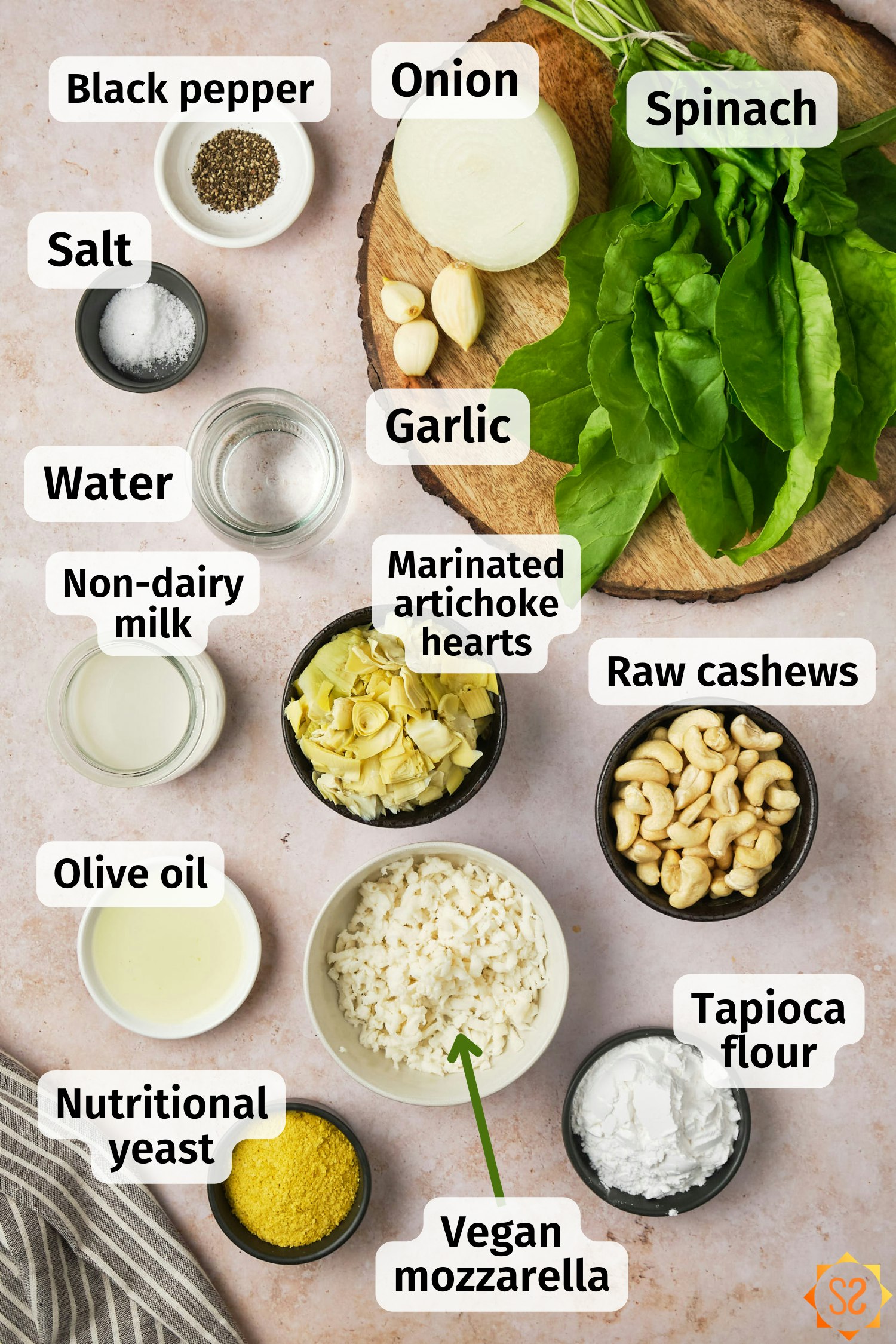 A labeled image with each of the ingredients required for vegan spinach and artichoke dip.