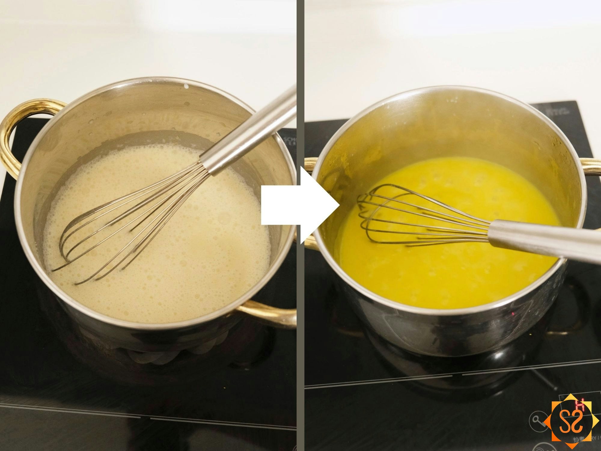 Two images: 1. The lemon curd ingredients mixed in a saucepan before heating, 2. The lemon curd ingredients fully cooked in a saucepan.