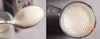 Close-up of the texture of the Silk Oat Creamer foam, on a spoon (left), and in a mug (right)
