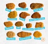 13 plant-based nuggets with labels showing which brand each nugget comes from.