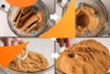 Four images showing: blending graham crackers into crumbs; mixing brown sugar into graham cracker crumbs.