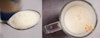 Close-up shot of the Almond Breeze foam texture, on a spoon (left), and in a mug (right).
