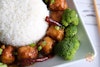 General Tso's tofu with rice and broccoli