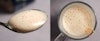 Close up views of Sown oat creamer foam on a spoon (left) and in a mug (right).