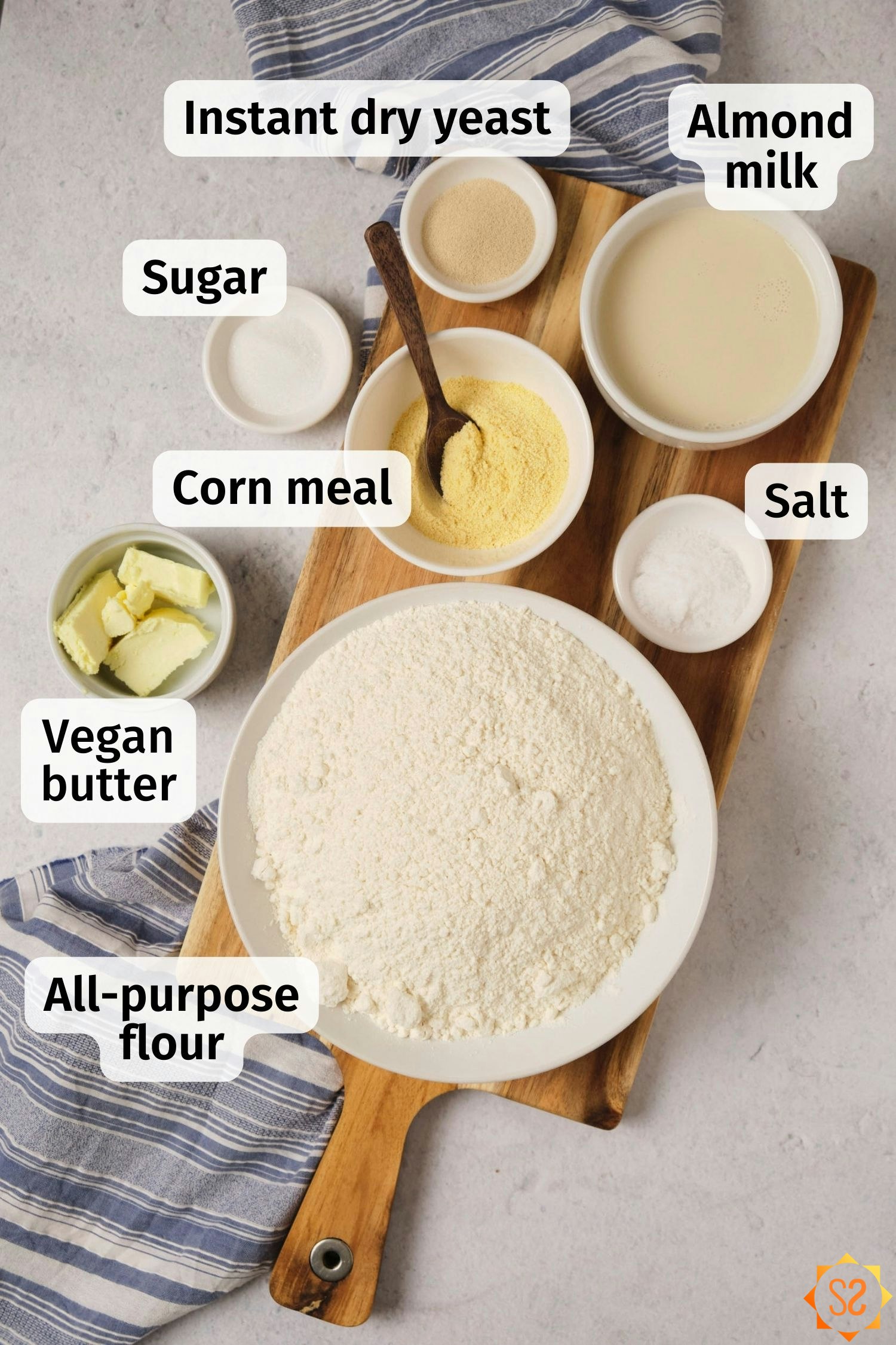A top-down view of all the ingredients for this vegan English muffin recipe.