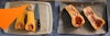 On the left, a butternut squash is cut in half on a cutting board with the top and bottom of the squash above the squash and a knife to the right; on the right: butternut squash rubbed with vegan butter and sprinkled with cinnamon on a parchment-lined baking tray.