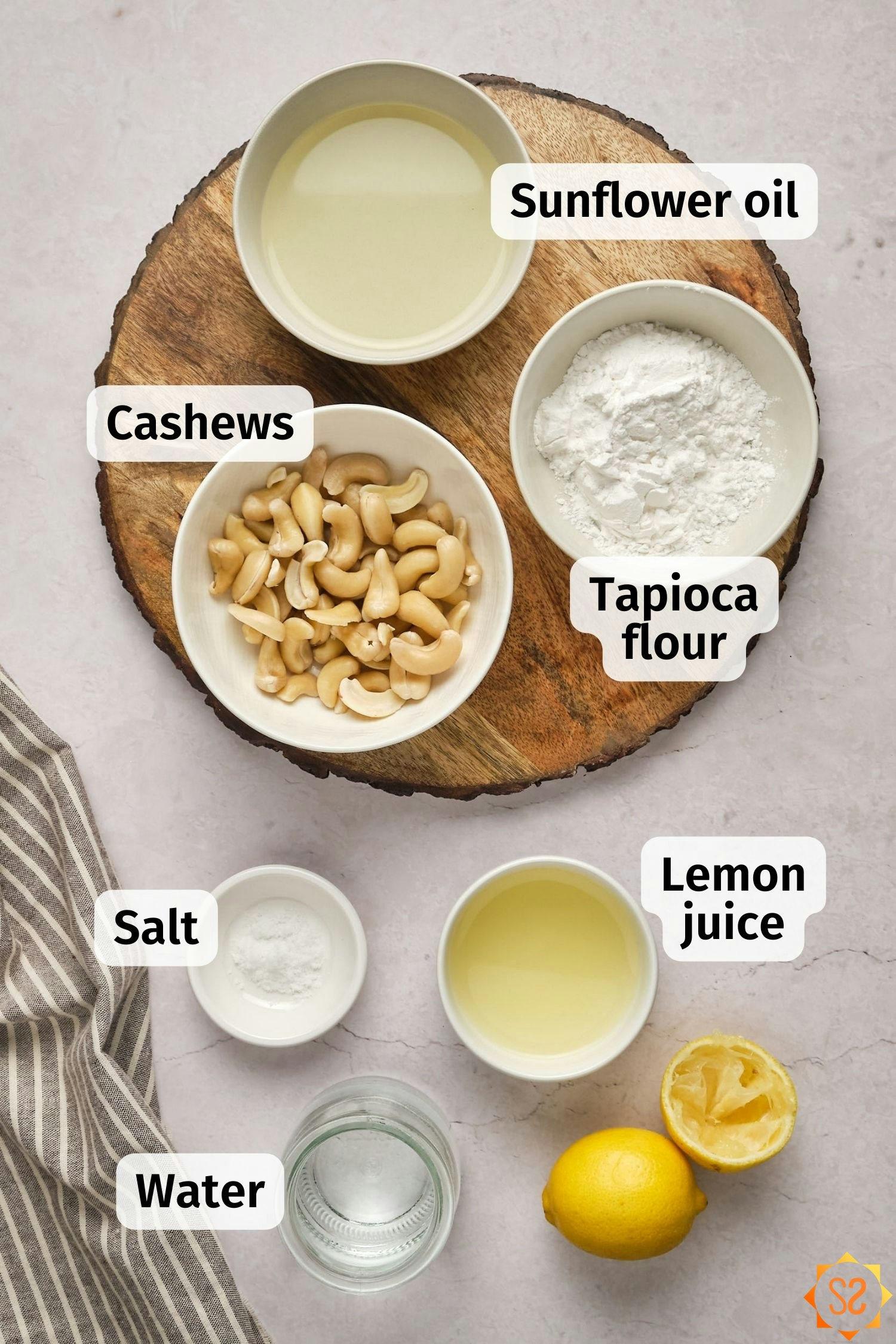 A top-down view of the ingredients needed to make vegan liquid pizza mozzarella.