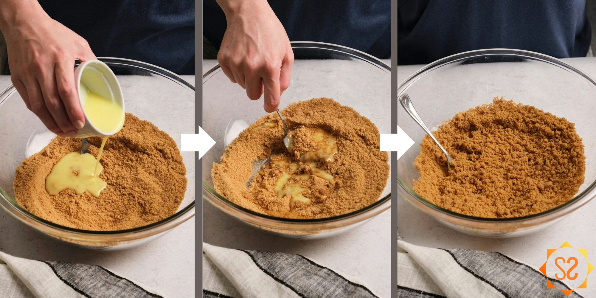 Three images showing the process of pouring and mixing vegan butter into the graham cracker crumb mix.